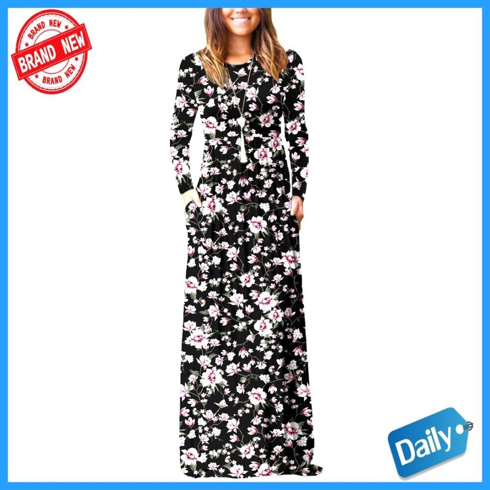 Long Sleeve Maxi Dress with Pockets, Flowy Casual Maternity-Friendly